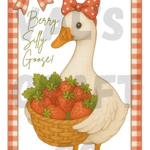Impression d'art Berry Silly Goose - Oie de ferme vintage mignonne avec des fraises, décoration murale Cottagecore, impression de cuisine campagnarde vichy