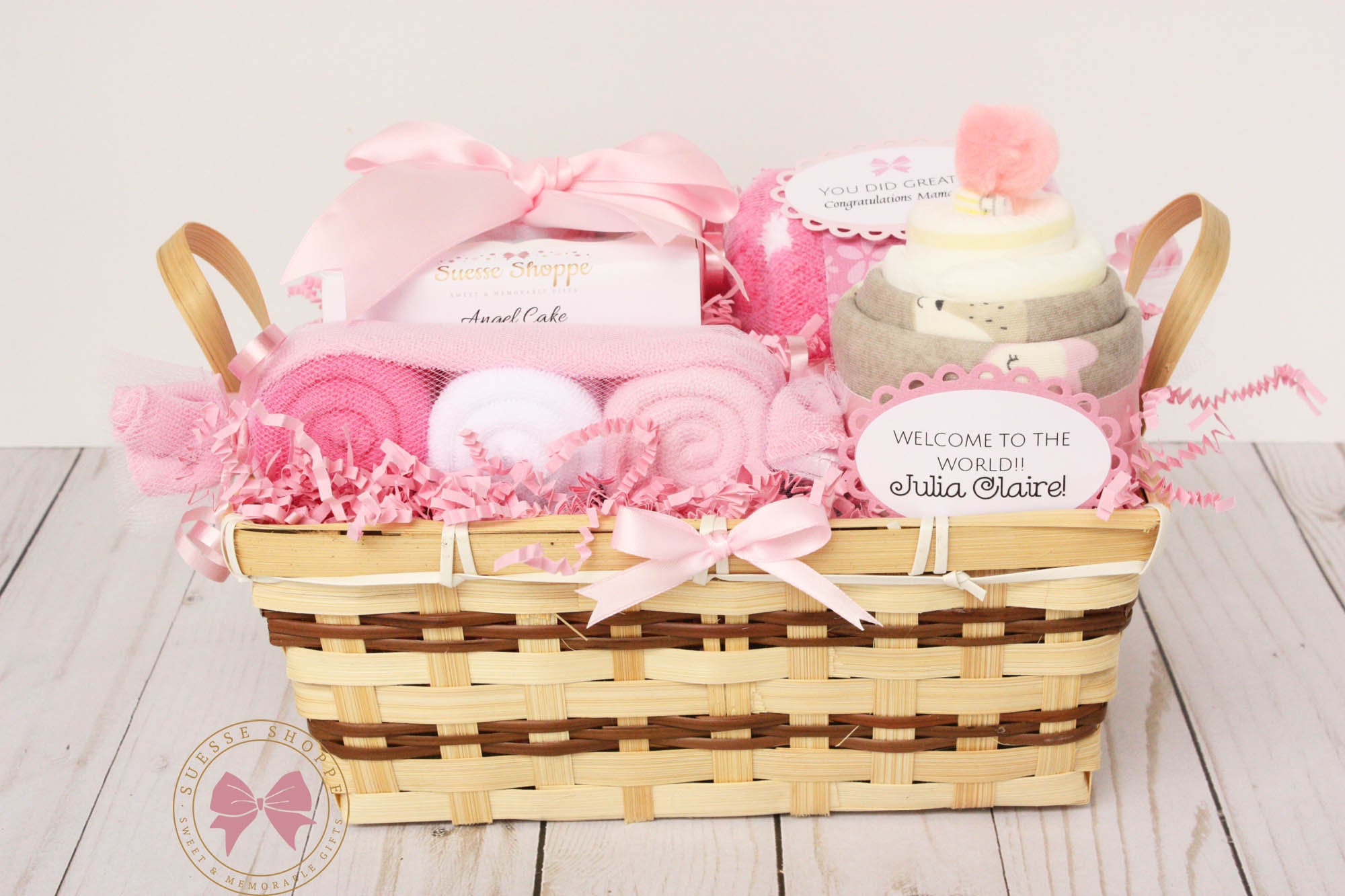 Broadway Basketeers Personalized Baby Girl Gift Basket | New Baby Celebration Gift Baskets | Gift Basket for Baby Girl
