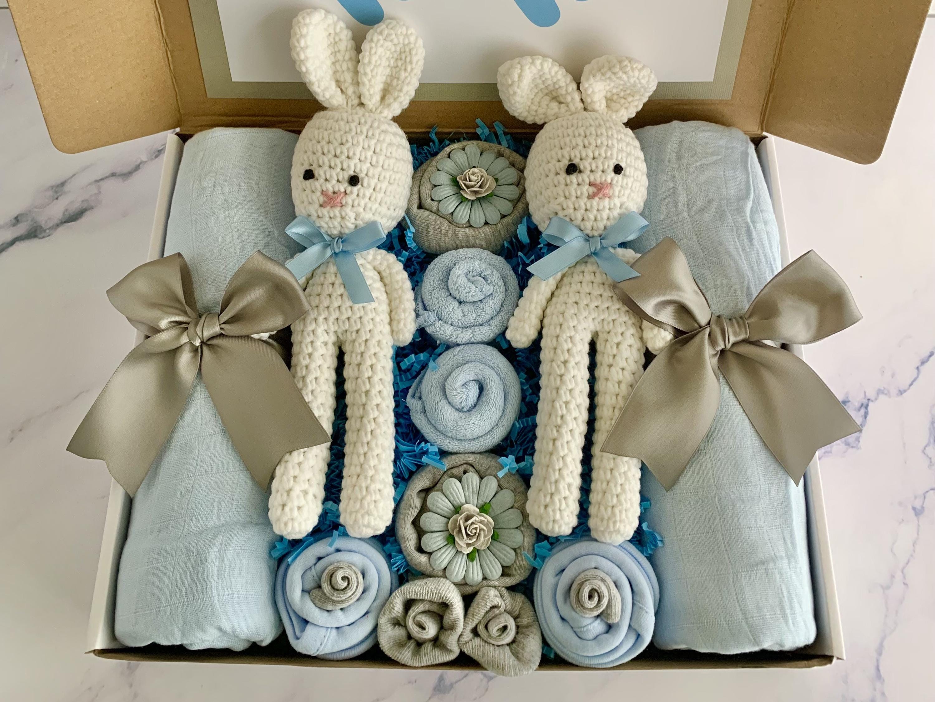Twin Baby Girl Gift Basket: Crochet Bunnies, Muslin Blankets, Pink