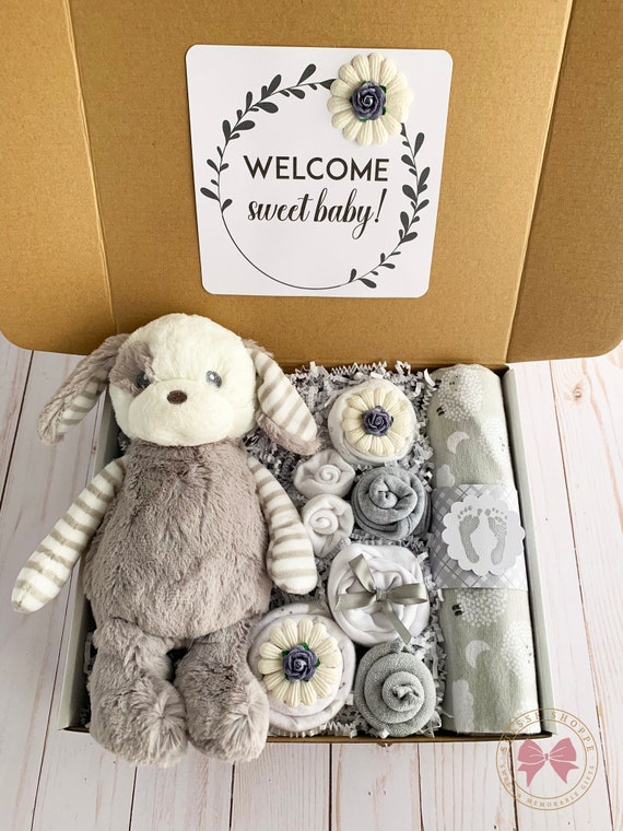  Nuevo juego de regalo para bebé recién nacido, 2 cajas de  recuerdo azules con ropa de bebé, oso de peluche y artículos esenciales para  recién nacidos, nueva cesta de regalo para