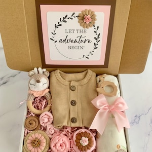 Woodland Baby Girl Gift Box with Deer or Bunny, Shower & Sprinkle Gift Set, Newborn Swaddle Idea, New Mom Baby Gift Basket