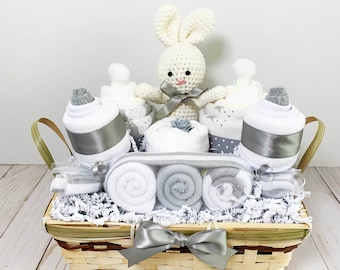 Gender Neutral Baby Gift Basket with 3-6m Bodysuit, Diapers, Burp Cloths, Bibs, Washcloths and Crochet Bunny