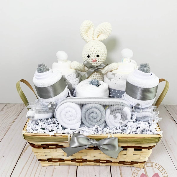 Gender Neutral Baby Gift Basket with 3-6m Bodysuit, Diapers, Burp Cloths, Bibs, Washcloths and Crochet Bunny