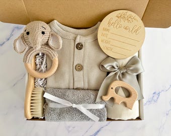 Gender Neutral Baby Gift Box, Plush Rattle, Muslin Blanket