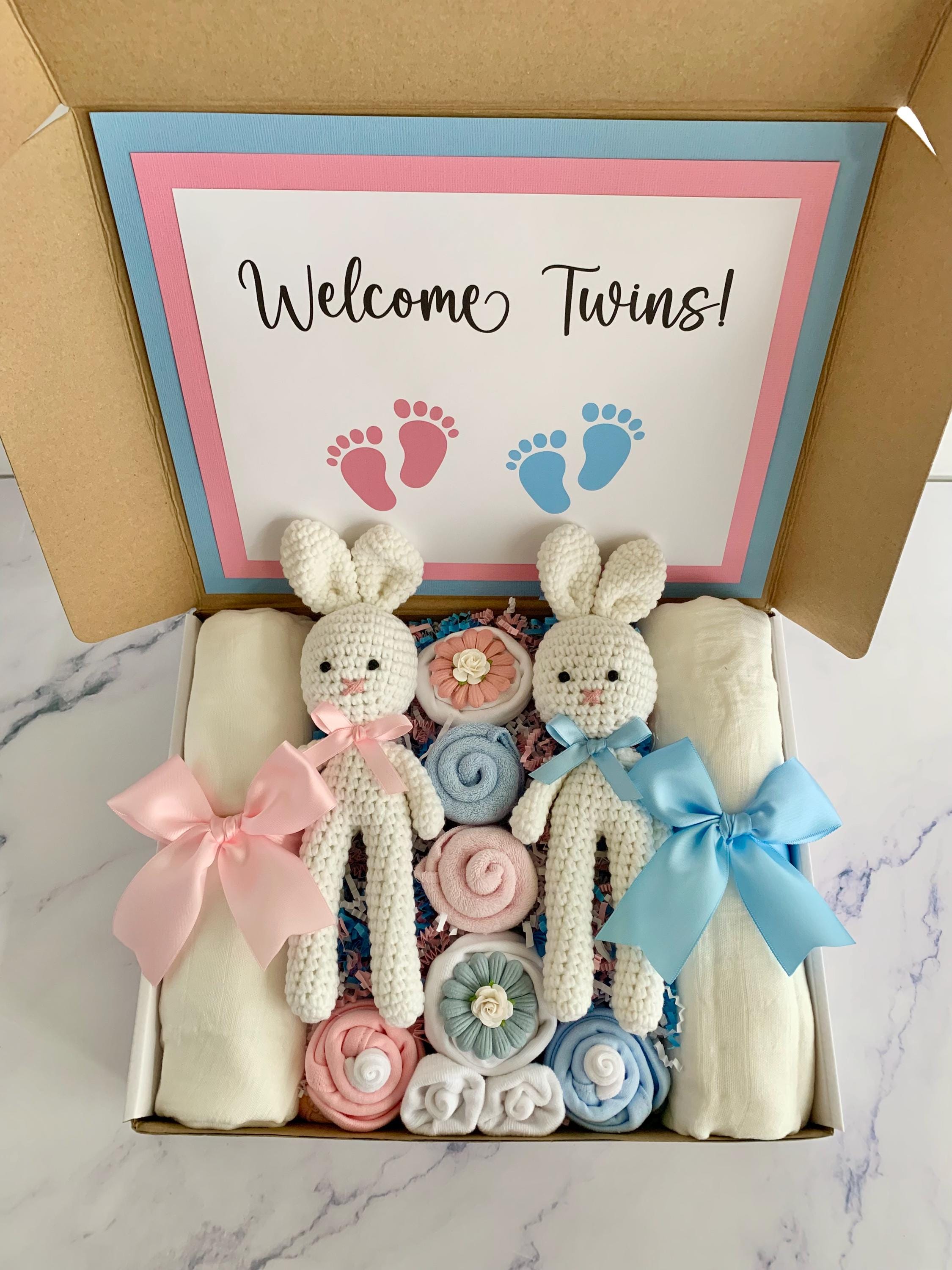 Twin Baby Gift Box: Crochet Bunnies, Bodysuits, Gender Reveal - Etsy