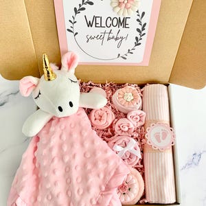 Baby Girl Gift Basket, Plush Unicorn Lovey Box, Newborn Essentials
