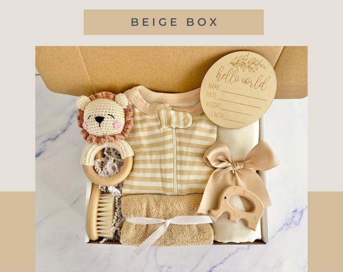 Gender Neutral Baby Gift Box, Plush Rattle, Muslin Blanket