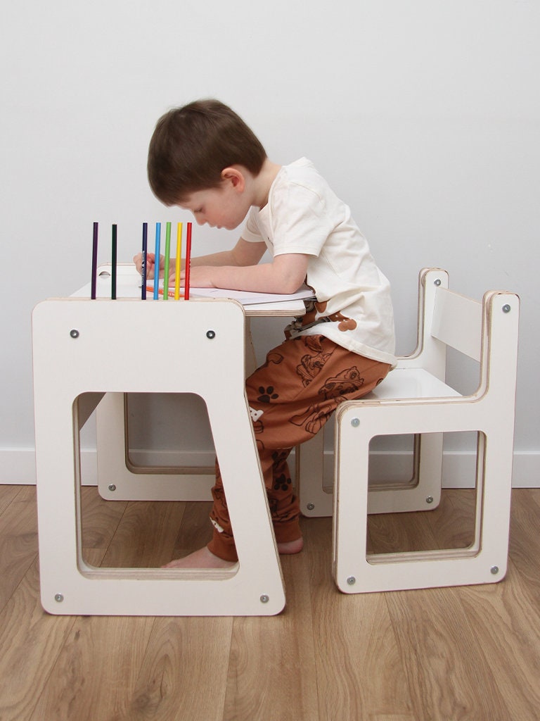 Haus Projekt Cloud Childrens Desk and Chair age 4-8, Kids Table Chair Set,  Wooden Writing Study Desk With Stool, Kids White Activity Table 