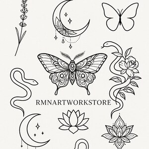 May include: Black and white line art illustrations featuring a butterfly, crescent moons, a snake, a lotus flower, and other nature-inspired designs. The text "RMNARTWORKSTORE" is also present.