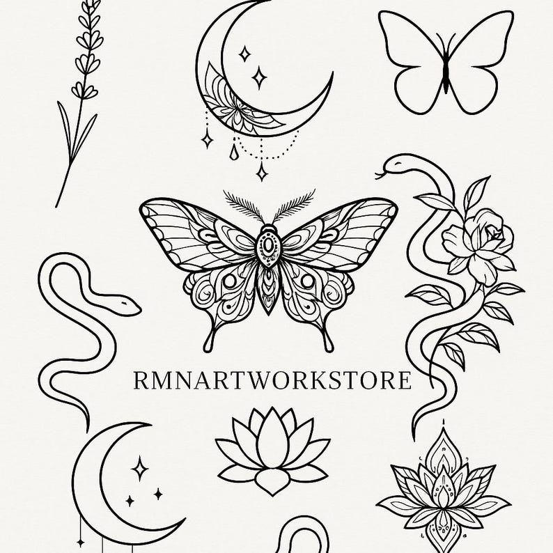 May include: Black and white line art illustrations featuring a butterfly, crescent moons, a snake, a lotus flower, and other nature-inspired designs. The text "RMNARTWORKSTORE" is also present.