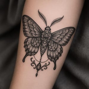 May include: A detailed black and grey butterfly tattoo. The design includes intricate patterns on the wings and body, with a decorative pendant hanging below. The tattoo is on a person's arm.