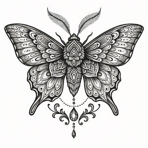 May include: A detailed black and white illustration of a moth, featuring intricate patterns on its wings and body. The design includes ornamental details, dots, and a decorative pendant. The moth's antennae are visible.