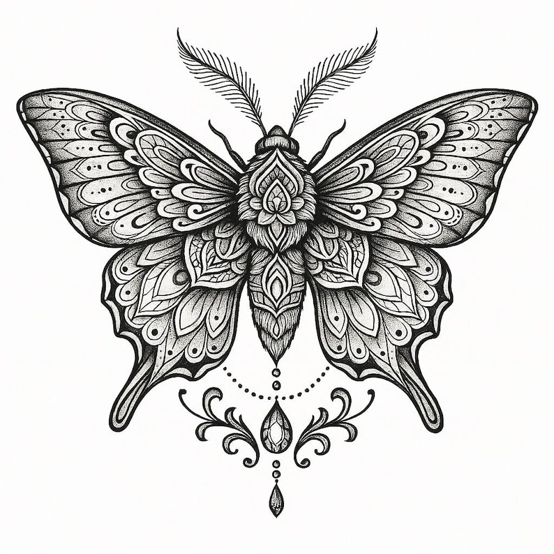 May include: A detailed black and white illustration of a moth, featuring intricate patterns on its wings and body. The design includes ornamental details, dots, and a decorative pendant. The moth's antennae are visible.