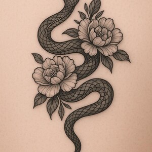 May include: A detailed monochrome illustration featuring a snake entwined with two peony flowers and foliage. The snake's body has a scale-like texture. The flowers and leaves are shaded, set against a neutral background, creating a striking contrast.