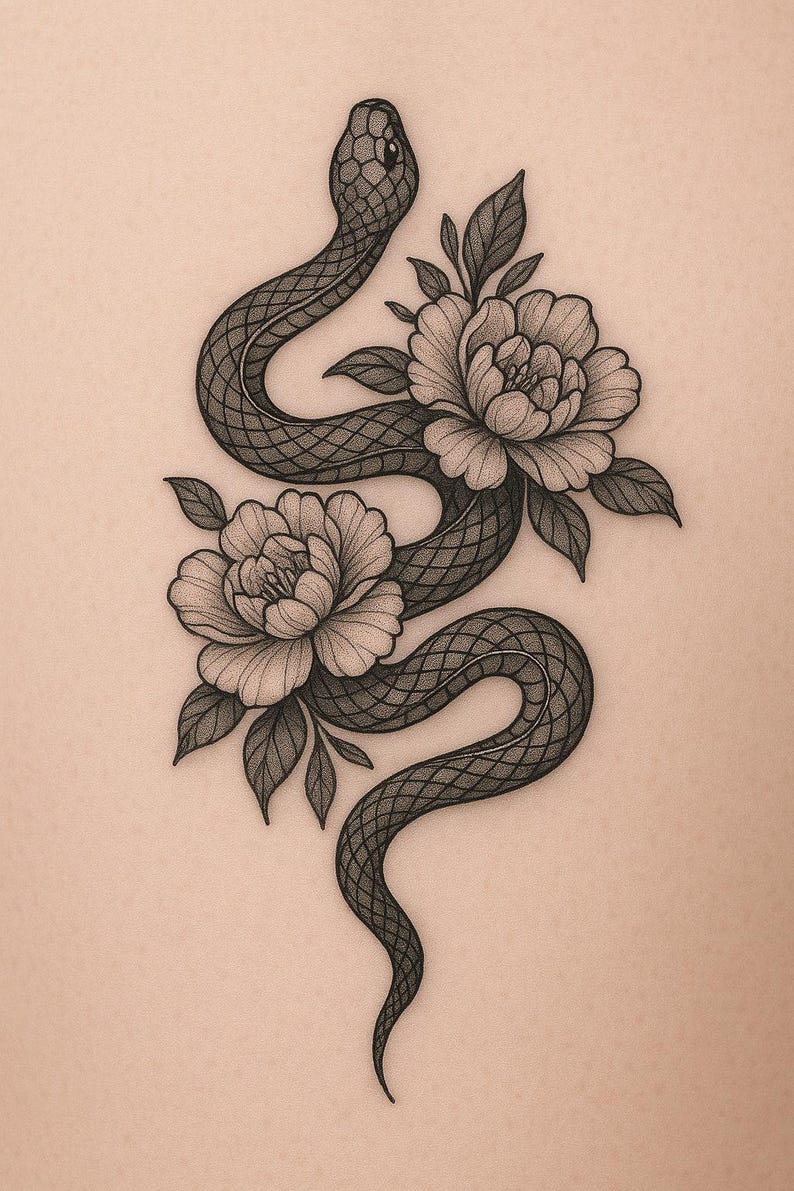 May include: A detailed monochrome illustration featuring a snake entwined with two peony flowers and foliage. The snake's body has a scale-like texture. The flowers and leaves are shaded, set against a neutral background, creating a striking contrast.