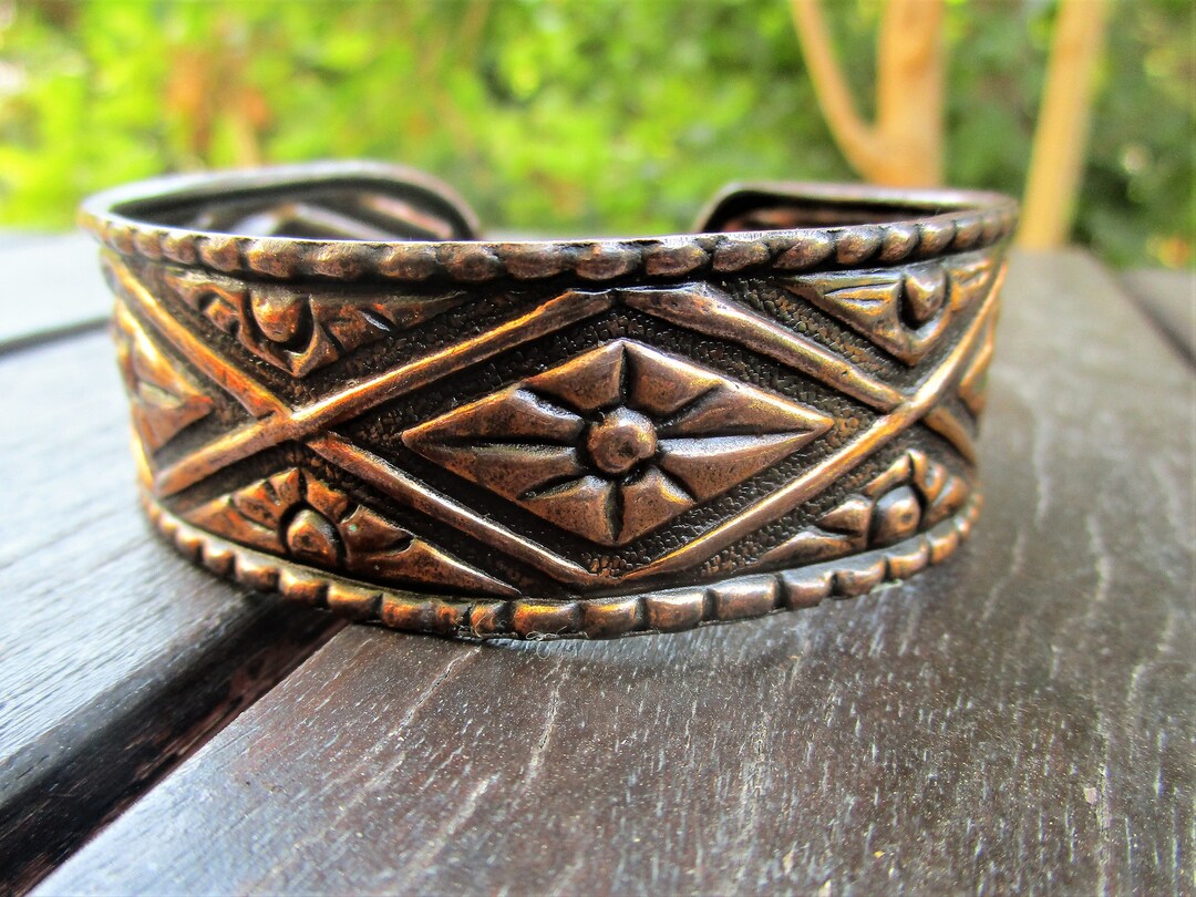 Handcrafted Copper Cuff Bracelet, Vintage Greek Cuff Bracelet, Embossed