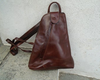 Backpack, Sling Bag, Greek Leather Crossbody Bag, Small Handmade Brown Knapsack, Multi-Position Zip Up Purse