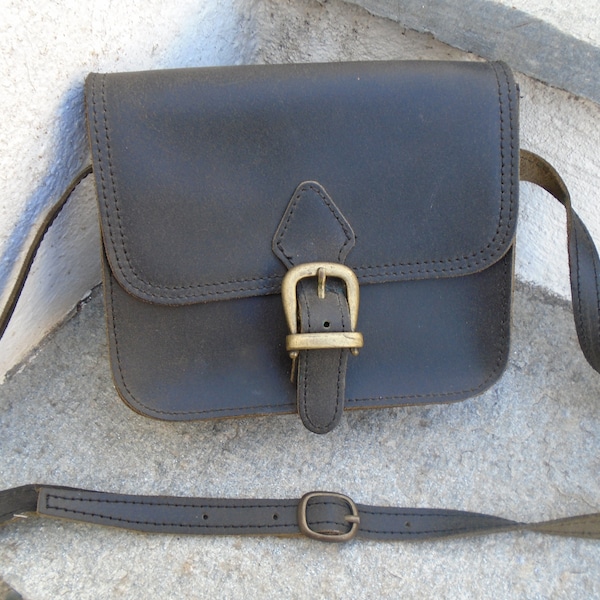 Leather Crossbody Bag, Handmade Greek Leather Bag, Small Black Shoulder Bag, Vintage Leather Purse