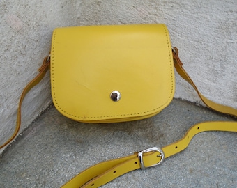 Mini Crossbody Bag, Greek Leather Saddle Bag, Small Handmade Shoulder Bag, Yellow Vintage Bag