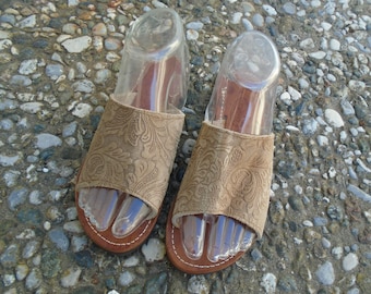 Slide Sandals, US 6/ EU 37/ UK 4, Handmade Suede Sandals with Embossed Pattern, Women's Beige Slides