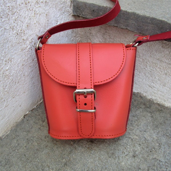 Mini Leather Bucket Bag, Handmade Greek Leather Bag, Red Crossbody Bag, Vintage Leather Purse