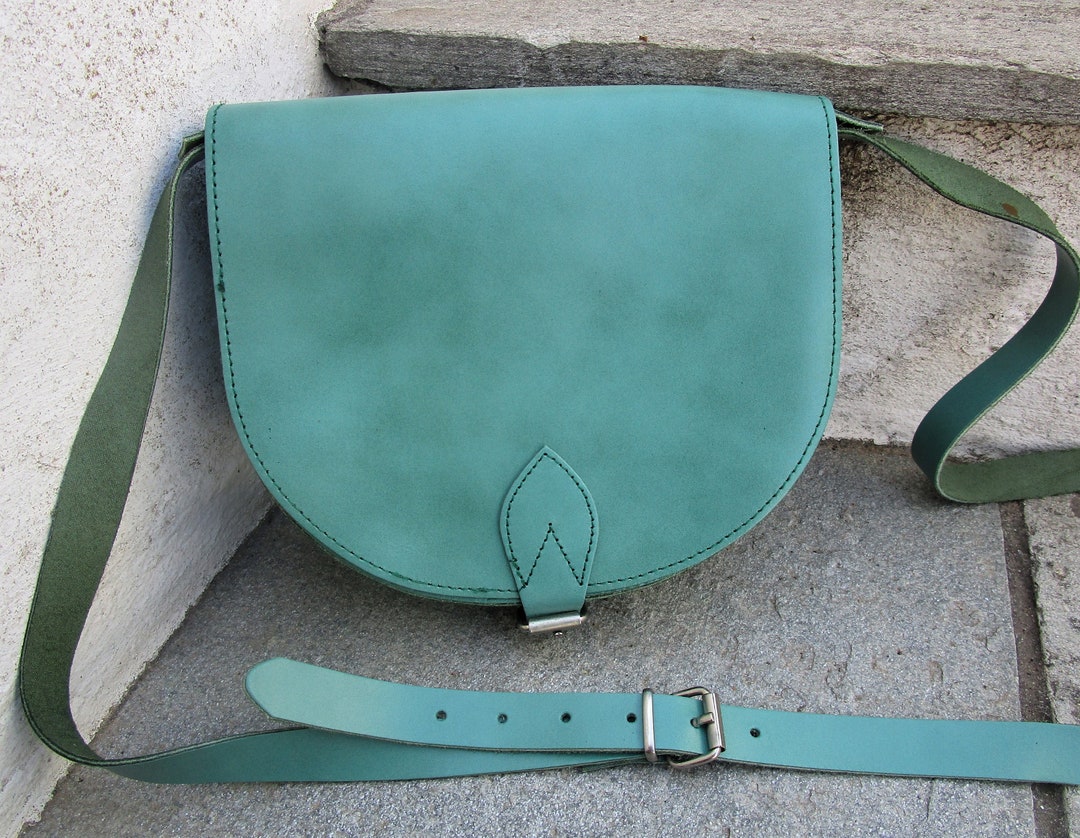 Handmade Greek Leather Bag, Saddle Bag, Vintage Crossbody Bag, Teal Green Leather Purse