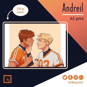May include: A print of two men in orange and white sports uniforms looking at each other. The man on the left is wearing a number 1 jersey and the man on the right is wearing a number 03 jersey. The print is on 300 gr paper and is an A5 print. The text "Andreil" is at the top of the image.