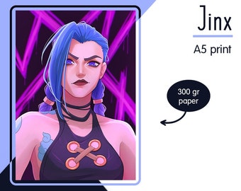May include: A5 print featuring a stylized illustration of a character with blue hair and purple eyes. The character wears a black top with a cross-shaped design. The background has a neon purple design. The print is on 300 gr paper.