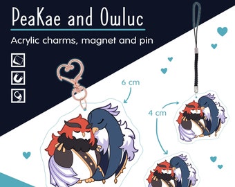PeaKae and Owluc charms, magnets and pins