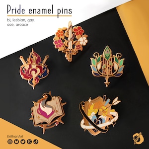 Pride enamel pins: Lesbian, gay, ace, aroace and bi