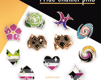 Pride enamel pins (achillean, sapphic, bi, trans, nb, ace, aro, aro-ace, demisexual, polyamory, relationship anarchy)