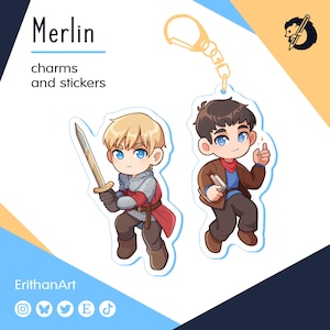 May include: Merlin charms and stickers featuring two cartoon characters with blue eyes. One holds a sword, the other a book. The text "Merlin" and "charms and stickers" are at the top. The artist's name and social media icons are at the bottom.
