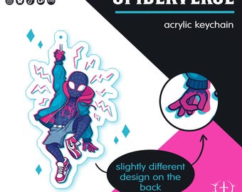 May include: An acrylic keychain featuring a character in a black spider-themed suit, blue jacket, and pink hoodie. The character is surrounded by lightning bolts. A circular inset shows a hand gesture, and text states slightly different design on the back.