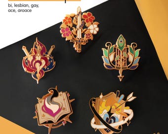 Pride enamel pins: Lesbian, gay, ace, aroace and bi