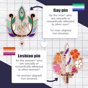 May include: Enamel pins with LGBTQ+ themes. One pin features a peacock feather design, and the other a sword surrounded by flowers. Text on the image reads "Gay pin" and "Lesbian pin" with descriptions of each.
