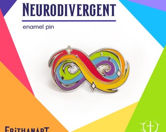 May include: An enamel pin shaped like an infinity symbol featuring a vibrant rainbow colour palette with red, orange, yellow, green, blue, and purple swirls. The pin includes small star accents and the text NEURODIVERGENT enamel pin.