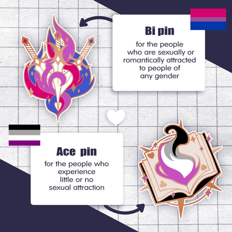 May include: Two enamel pins with LGBTQ+ themes. One pin is a flame design with pink, purple, and blue colors, and the other is an open book design with the asexual pride flag colors. Text on the image reads "Bi pin" and "Ace pin".