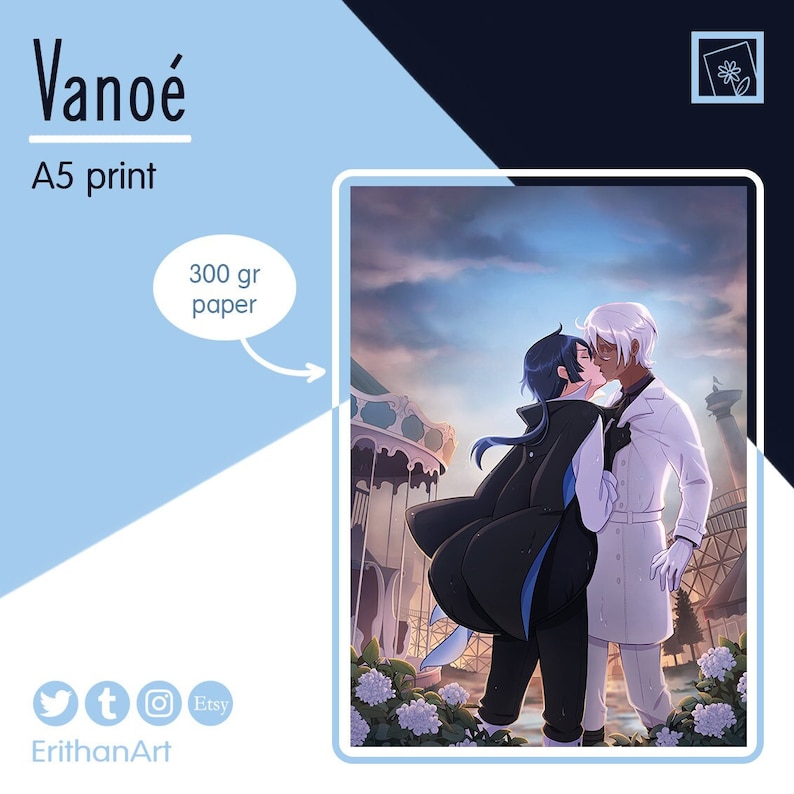 Puede incluir: Impresi&oacute;n A5 titulada "Vano&eacute;" que muestra a dos figuras abraz&aacute;ndose. Una figura lleva un abrigo negro, la otra un traje blanco. La impresi&oacute;n es en papel de 300 g, con un carrusel y cielo de fondo.