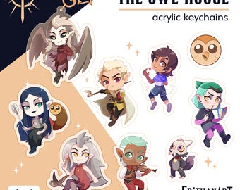 May include: A collection of acrylic keychains featuring characters from The Owl House, including Eda, Luz, Amity, Hunter, and King. Each keychain displays a stylized illustration of a character with a star-shaped clasp attachment.