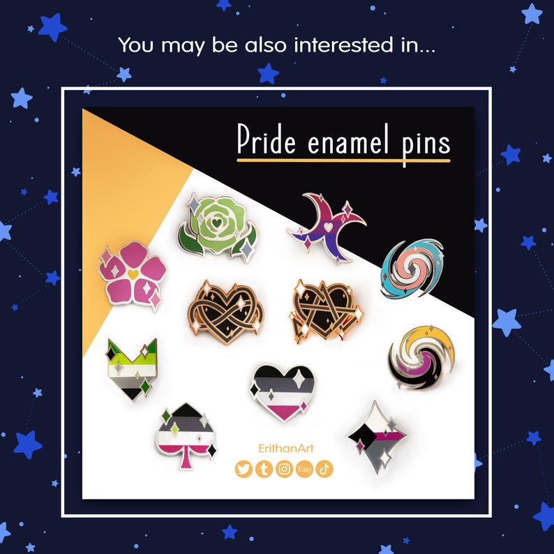 May include: A collection of Pride enamel pins in various designs, including flowers, hearts, and geometric shapes. The pins feature a range of colors and patterns, with text that reads "Pride enamel pins". The background is a dark blue with stars.
