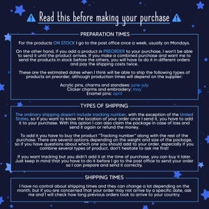 May include: Dark blue informational graphic with white text about order preparation, shipping, and tracking. Includes estimated shipping dates for various product types, and details on shipping options.