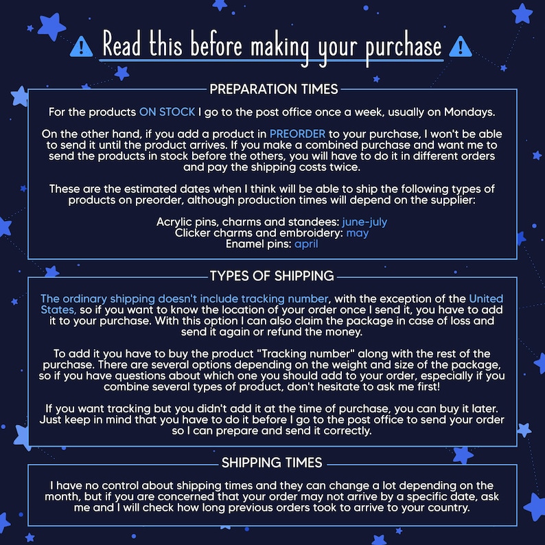 May include: Dark blue informational graphic with white text about order preparation, shipping, and tracking. Includes estimated shipping dates for various product types, and details on shipping options.