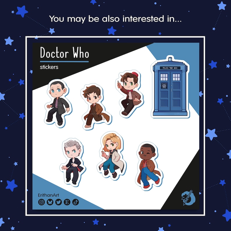 Puede incluir: Una colecci&oacute;n de pegatinas de Doctor Who con seis personajes de estilo chibi y una cabina de polic&iacute;a azul. El texto dice You may be also interested in, Doctor Who, stickers y ErithanArt. Los personajes aparecen con diversos atuendos.