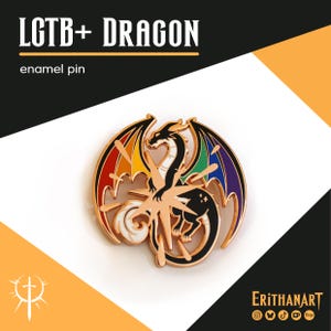 May include: An enamel pin featuring a black dragon with wings colored in a rainbow gradient of red, orange, yellow, green, blue, and purple. The dragon is centered over a gold starburst shape. Text reads LGTB+ DRAGON enamel pin.