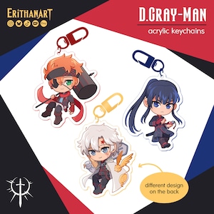 Puede incluir: Tres llaveros de acrílico de D.Gray-man con personajes estilo chibi. Un personaje tiene cabello naranja y un martillo, otro tiene cabello blanco con una estrella roja y el tercero tiene cabello azul oscuro. Cada uno incluye un cierre de plástico.