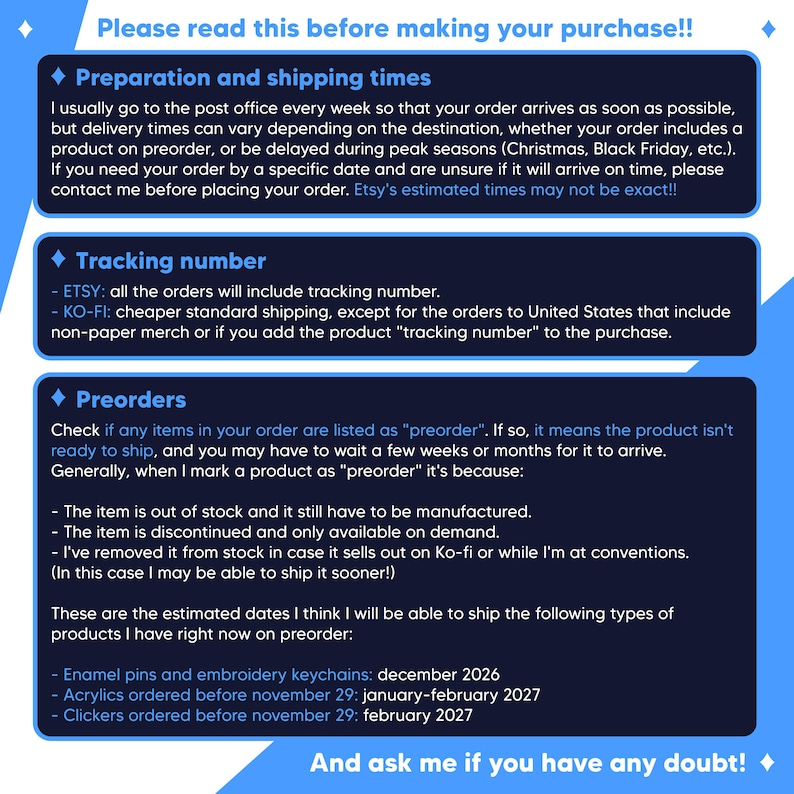 Puede incluir: Un gr&aacute;fico informativo azul con texto blanco titulado Please read this before making your purchase. Detalla los tiempos de preparaci&oacute;n y env&iacute;o, las pol&iacute;ticas de seguimiento y la informaci&oacute;n de pedidos anticipados con fechas para pines y llaveros.
