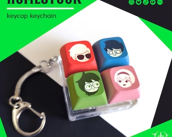 May include: A Homestuck keycap keychain featuring four square keycaps in red, blue, green, and pink, each printed with a cartoon character face. The red keycap shows a character with sunglasses, the blue one a character with glasses, the green one a character with round glasses, and the pink one a character with a headband. A silver metal keyring is attached.