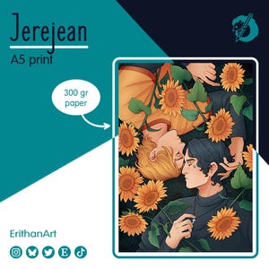 Puede incluir: Impresión A5 titulada "Jerejean" que presenta dos figuras rodeadas de girasoles. La obra de arte muestra a dos personas con los ojos cerrados, una con cabello rubio y la otra con cabello oscuro. La impresión es en papel de 300 g. Artista: ErithanArt.