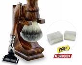 Vintage Synthetic Hair Shaivng Brush Kit with Wood Handle Free Alum Block Pure Wood Clean Shave Set Tripple Edge Razor Stand Holder