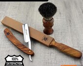 Vintage Style Shaving Set Straight Razor Cut Throat Pure Black Badger Brush - Pure Leather Strop Razor Sharpener with Wooden Handle